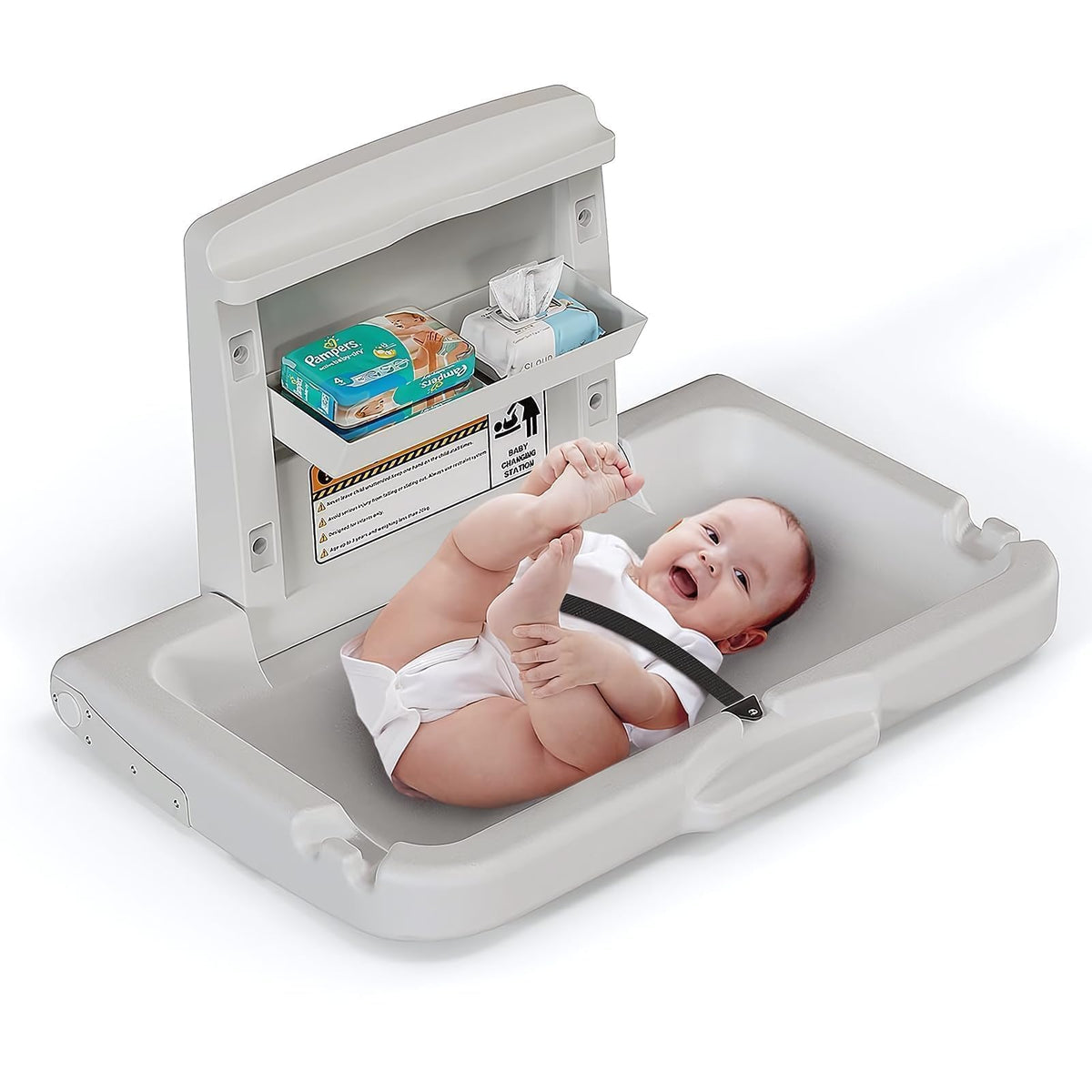 BELZAR wall-mounted baby changing station, front view, easy caregiver access.
