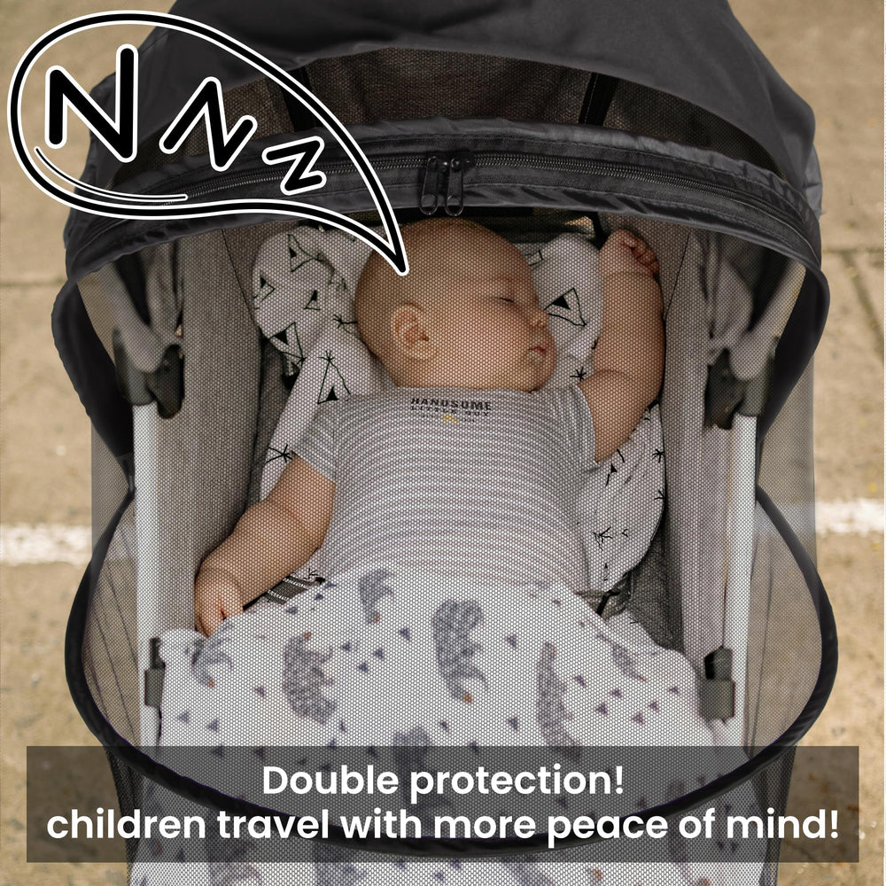 Bemece baby mosquito net with elastic edges fits prams securely on trips.
