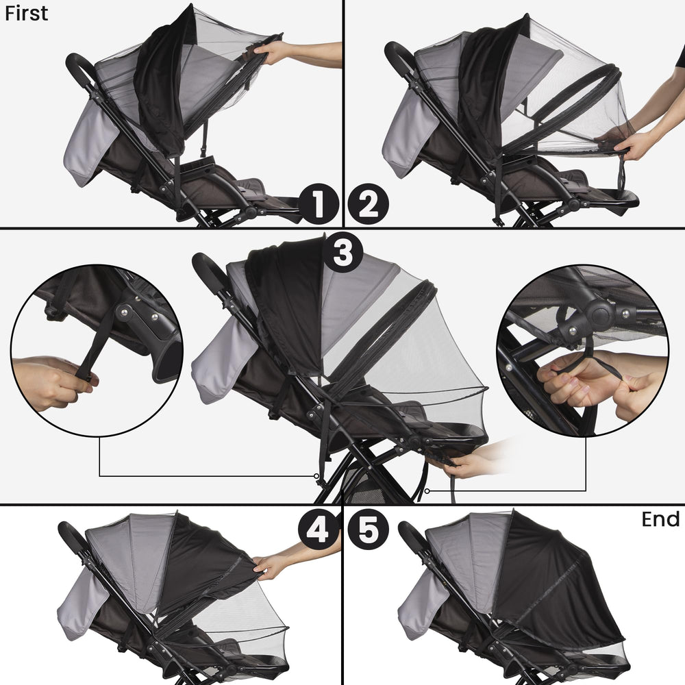 Bemece universal-fit mosquito net stays snug on most strollers during travel.