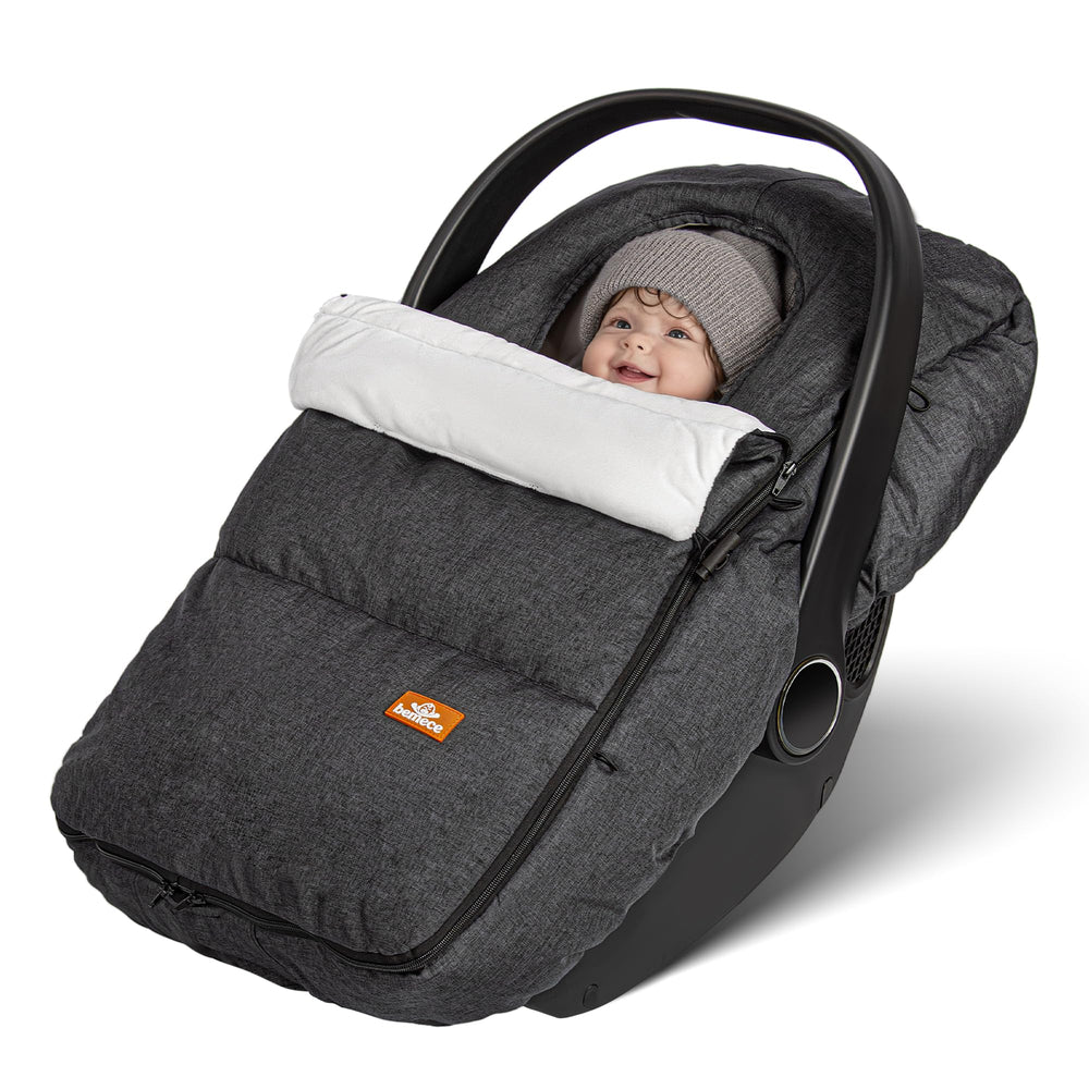 bemece winter car seat cover with foldable neckline keeps baby warm outdoors.