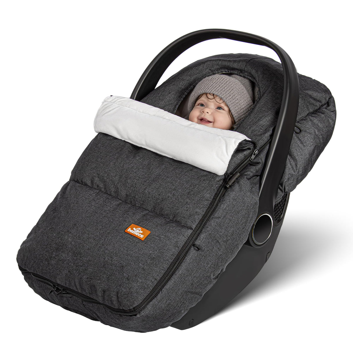 bemece winter car seat cover with foldable neckline keeps baby warm outdoors.