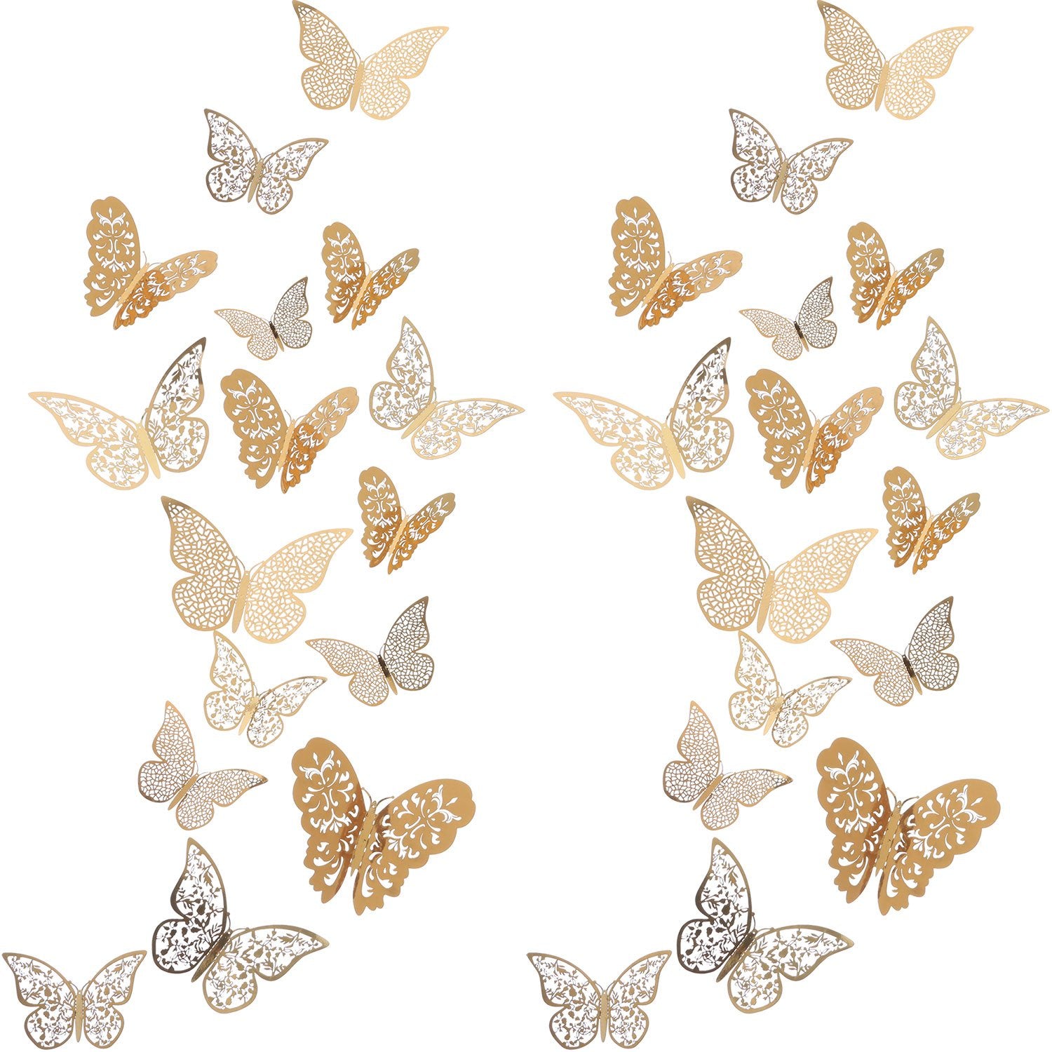 Bememo three sizes 3D butterfly stickers for dynamic wall decor in gold finish.