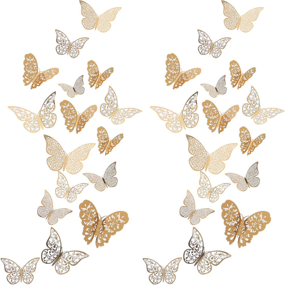 Bememo three sizes 3D butterfly stickers for dynamic wall decor in gold finish.