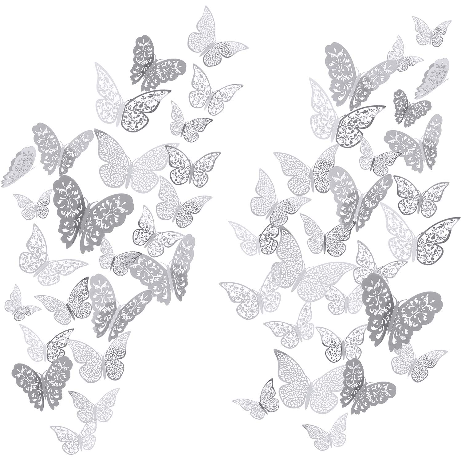 Bememo 72-piece 3D butterfly wall decals in silver add a shimmering wall accent.