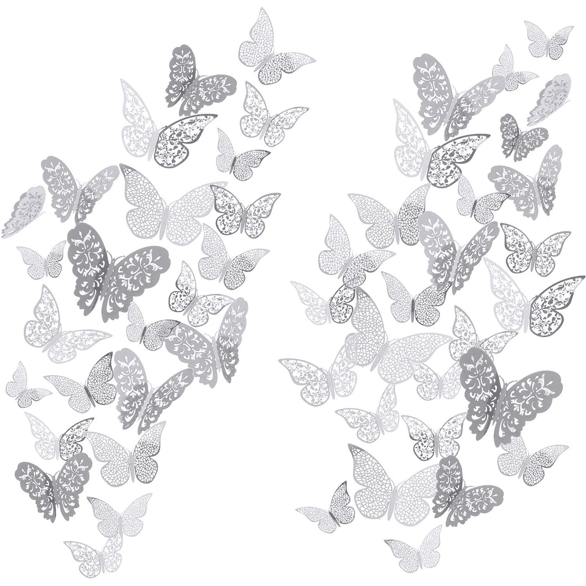 Bememo 72-piece 3D butterfly wall decals in silver add a shimmering wall accent.