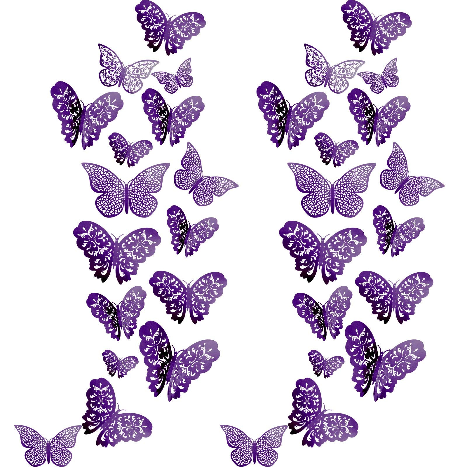 Bememo purple 3D butterfly wall stickers collection with shimmering finish on a wall.