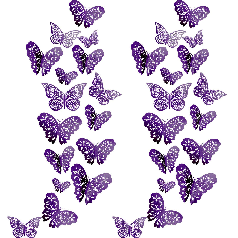 Bememo purple 3D butterfly wall stickers collection with shimmering finish on a wall.