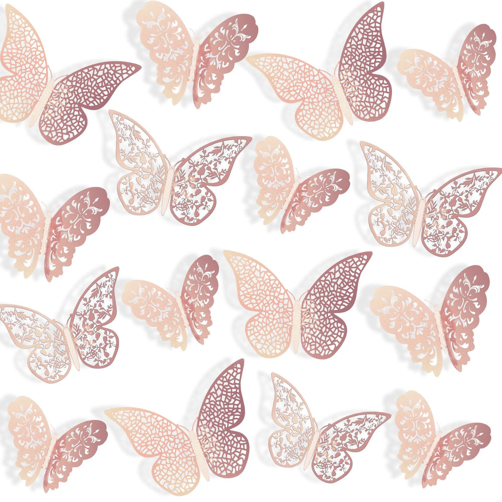 Bememo rose gold 3D butterfly decal set on wall adds shimmer and charm.