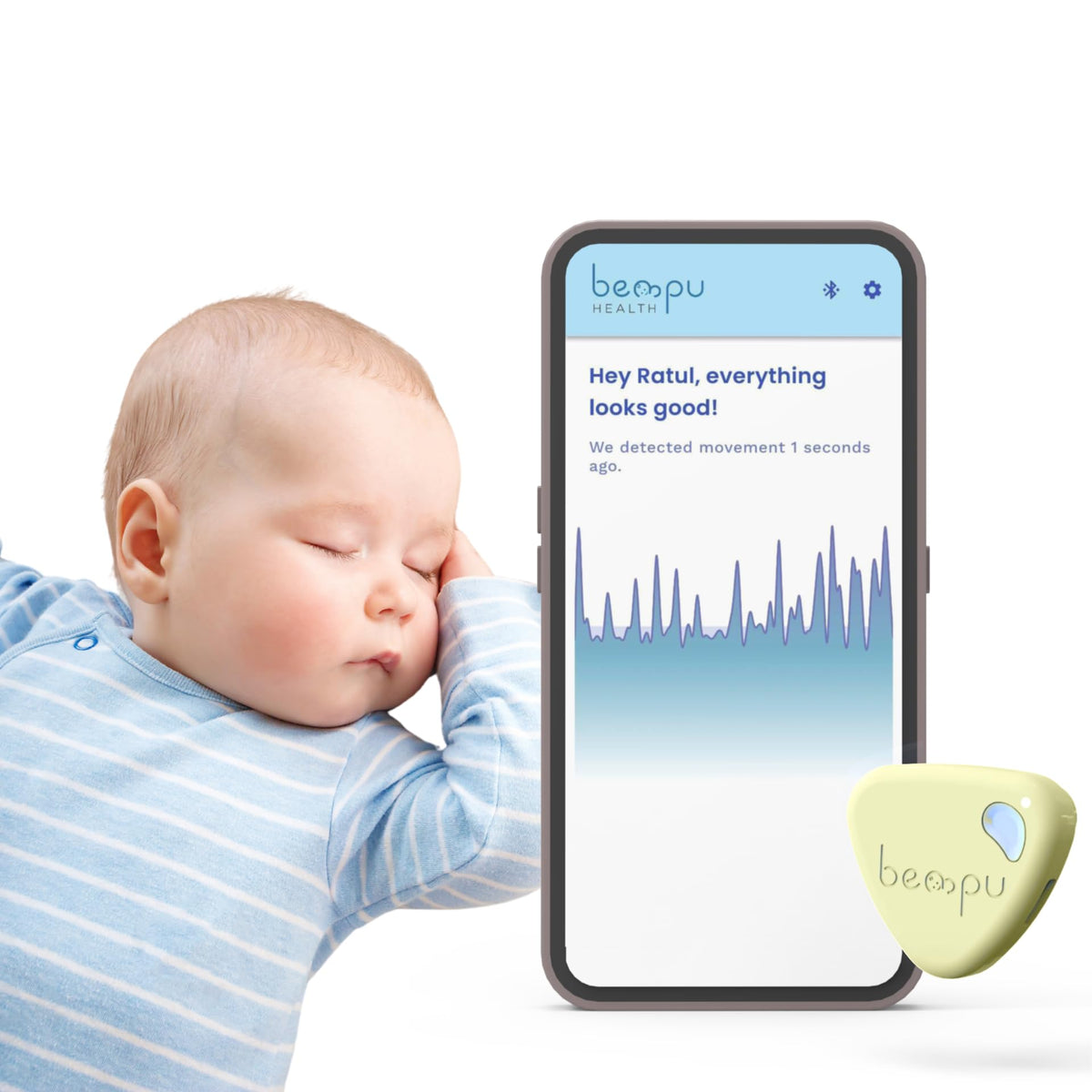 Bempu Bellybutton movement monitor clipped on baby's clothing for secure night monitoring.