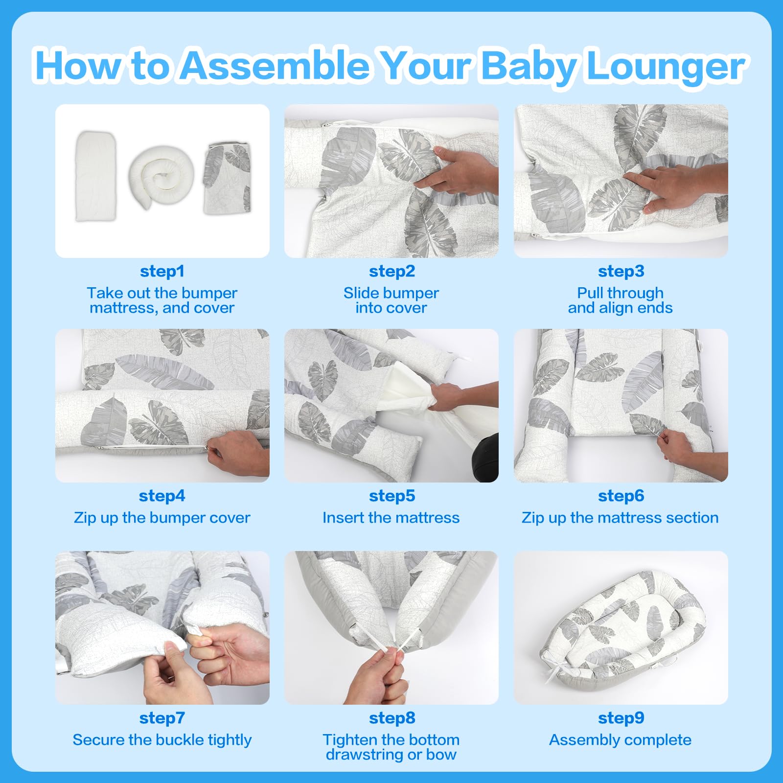 Lightweight carry handles on the BEMPUS baby lounger for moving between rooms