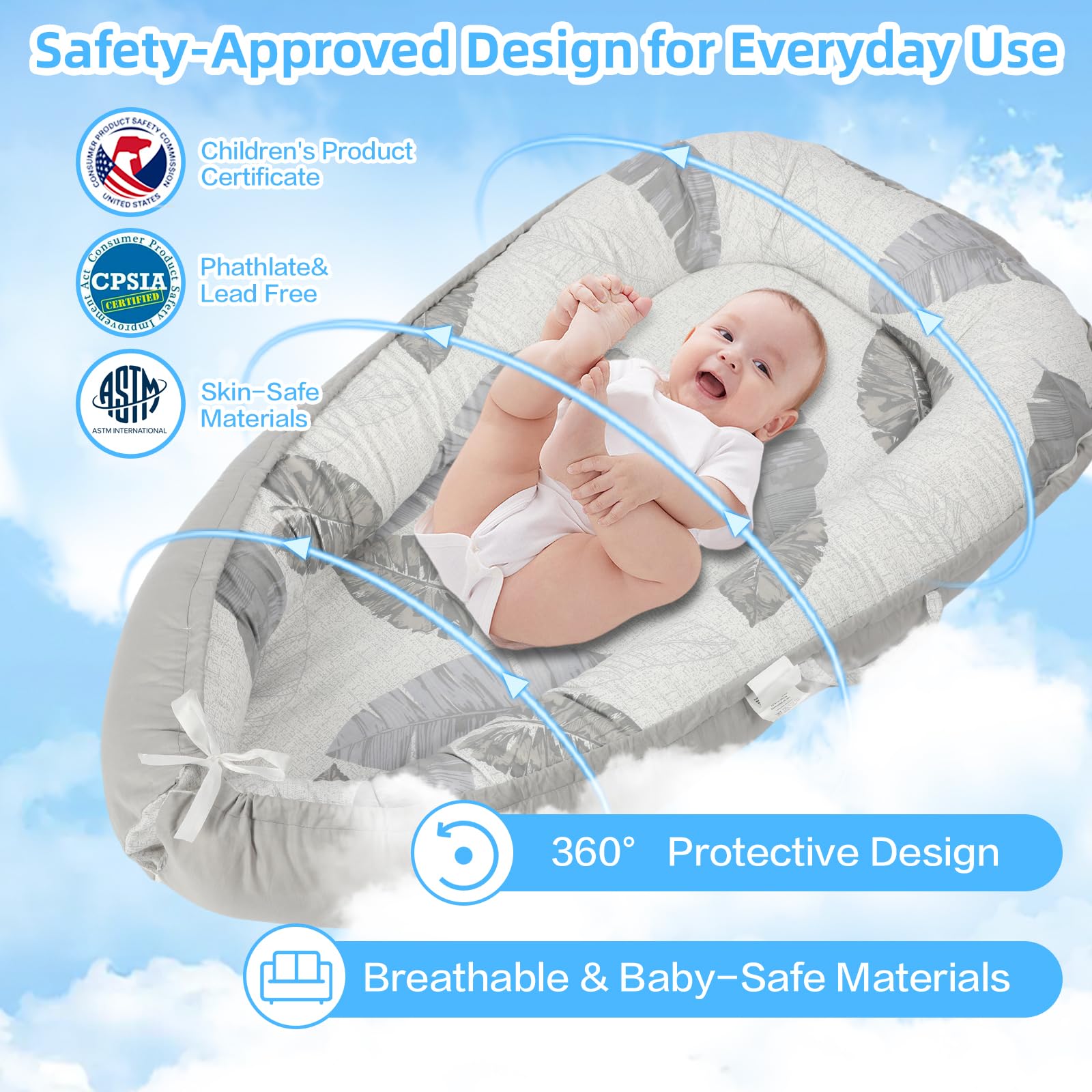 BEMPUS baby lounger side profile highlights portable, lightweight design for care on the go