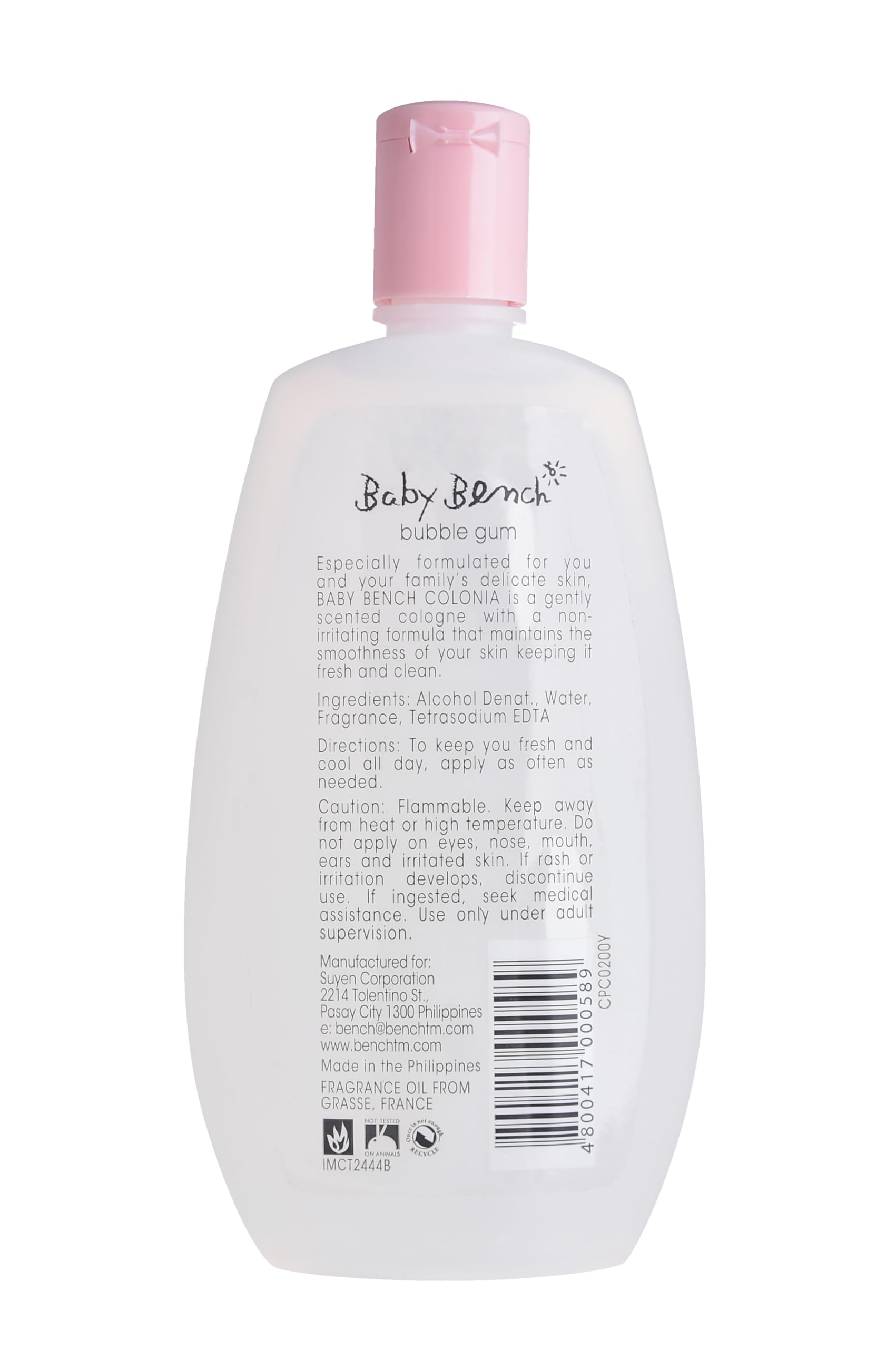 Bench Baby Cologne Bubble Gum label detail confirms 200 ml size and family-friendly formula.