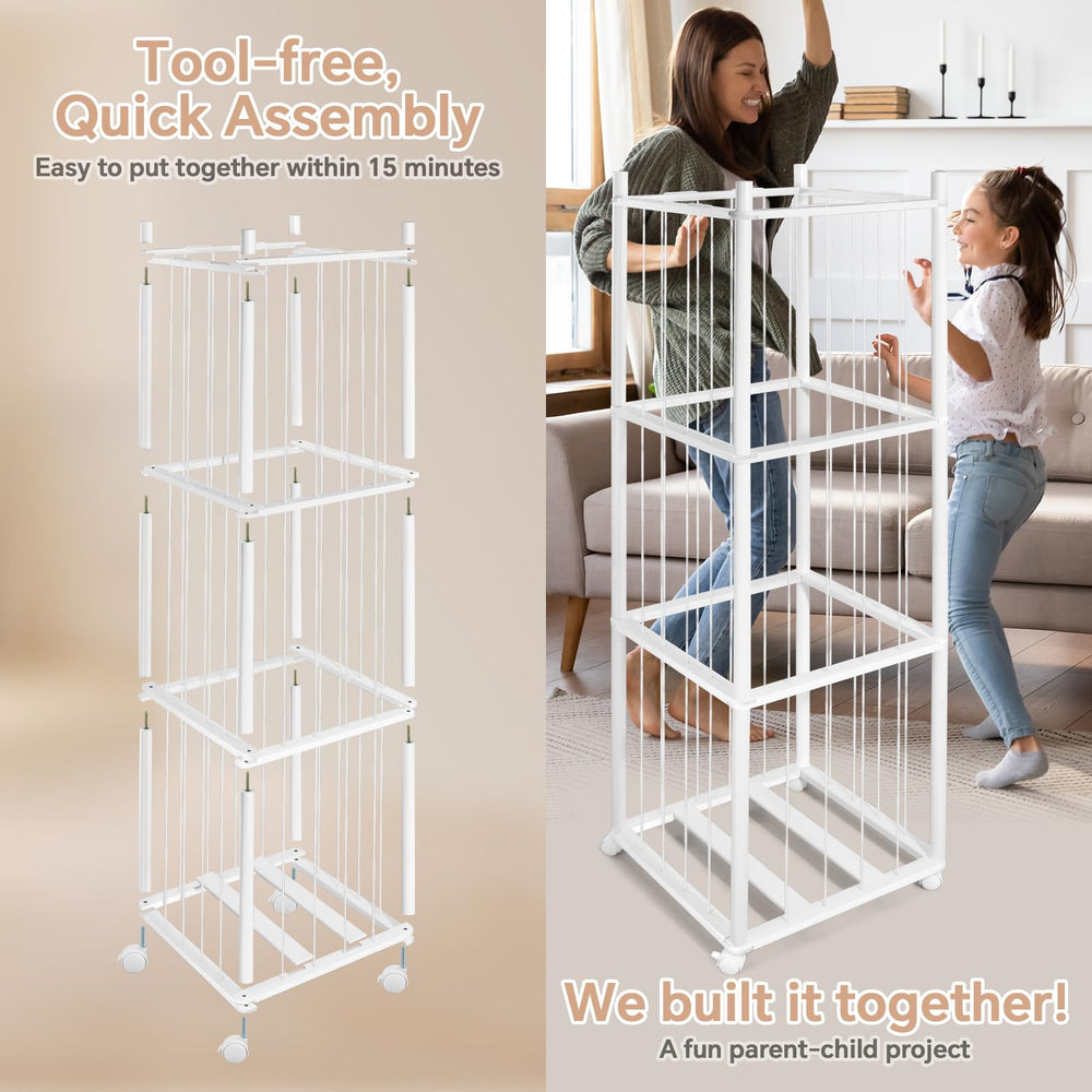 Space-saving design creates room while keeping toys neatly stored.