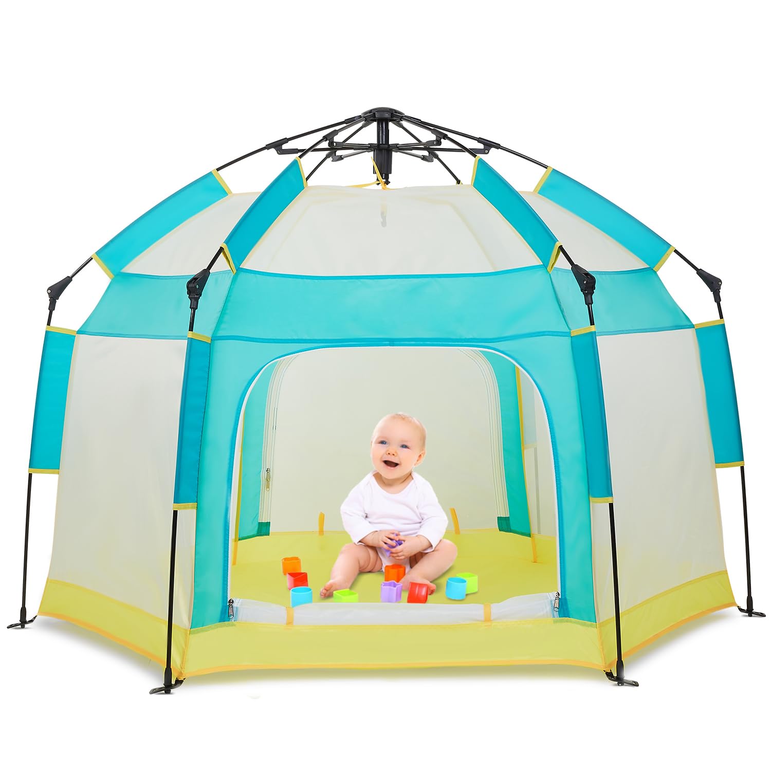 Bend River baby playpen with canopy provides sun protection outdoors.