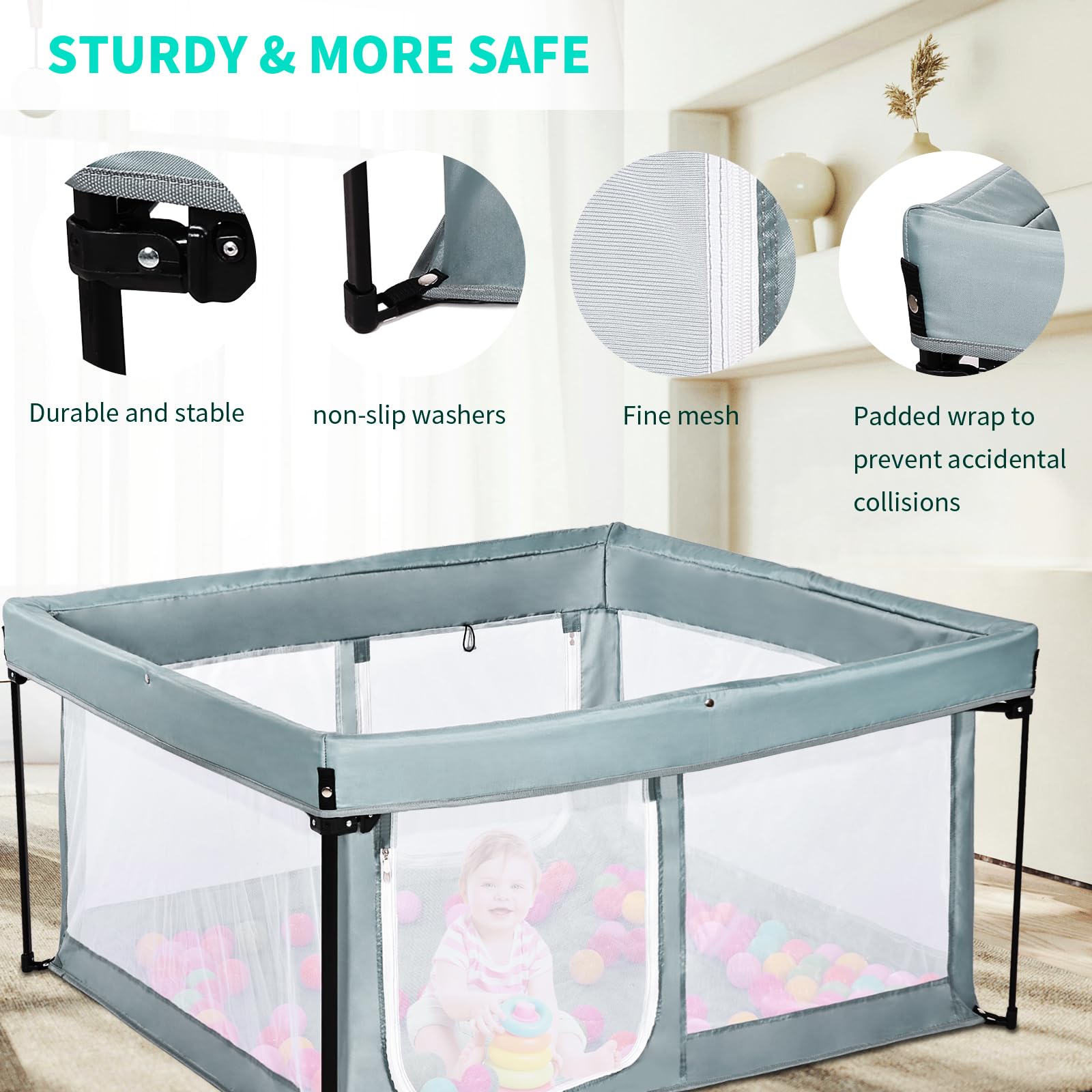 Bend River playpen features 50x50 dimensions for roomy crawling space.