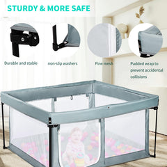 Bend River playpen features 50x50 dimensions for roomy crawling space.