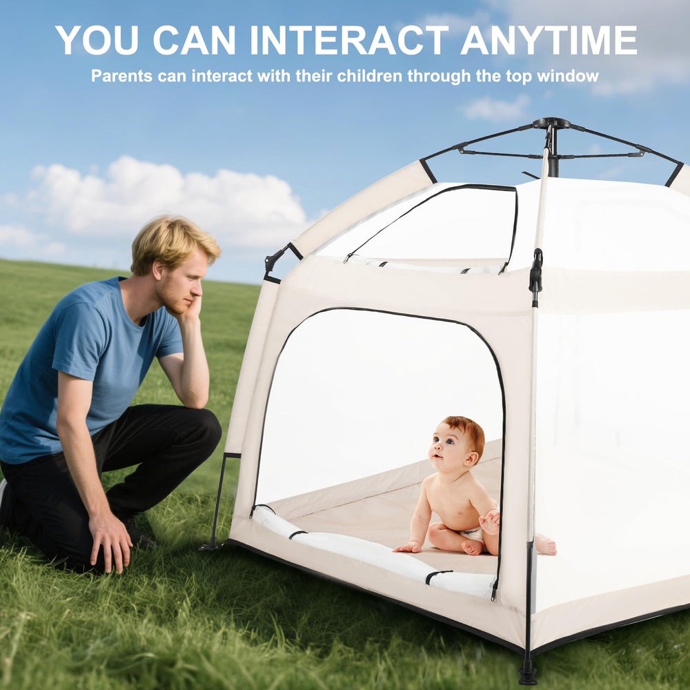 Bend River playpen top window view for easy interaction with child