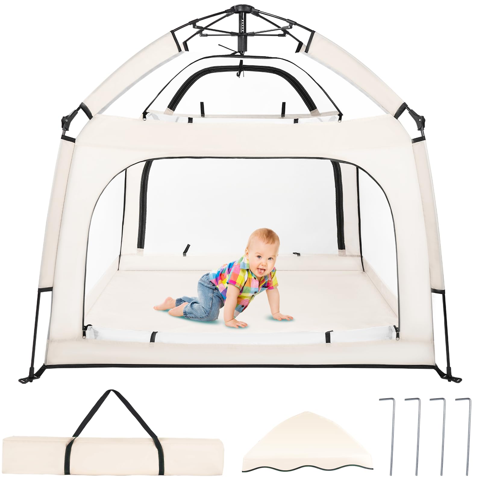 Bend River portable baby playpen with canopy set up for indoor and outdoor use