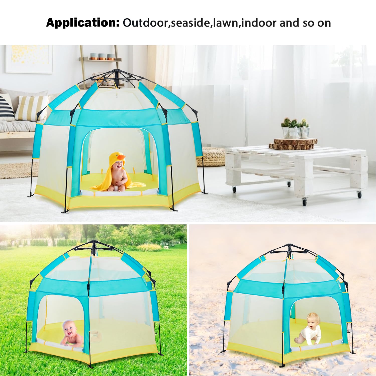 Bend River quick-setup playpen with six pegs anchors securely.
