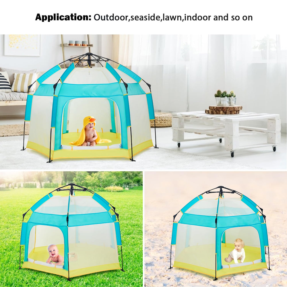 Bend River quick-setup playpen with six pegs anchors securely.