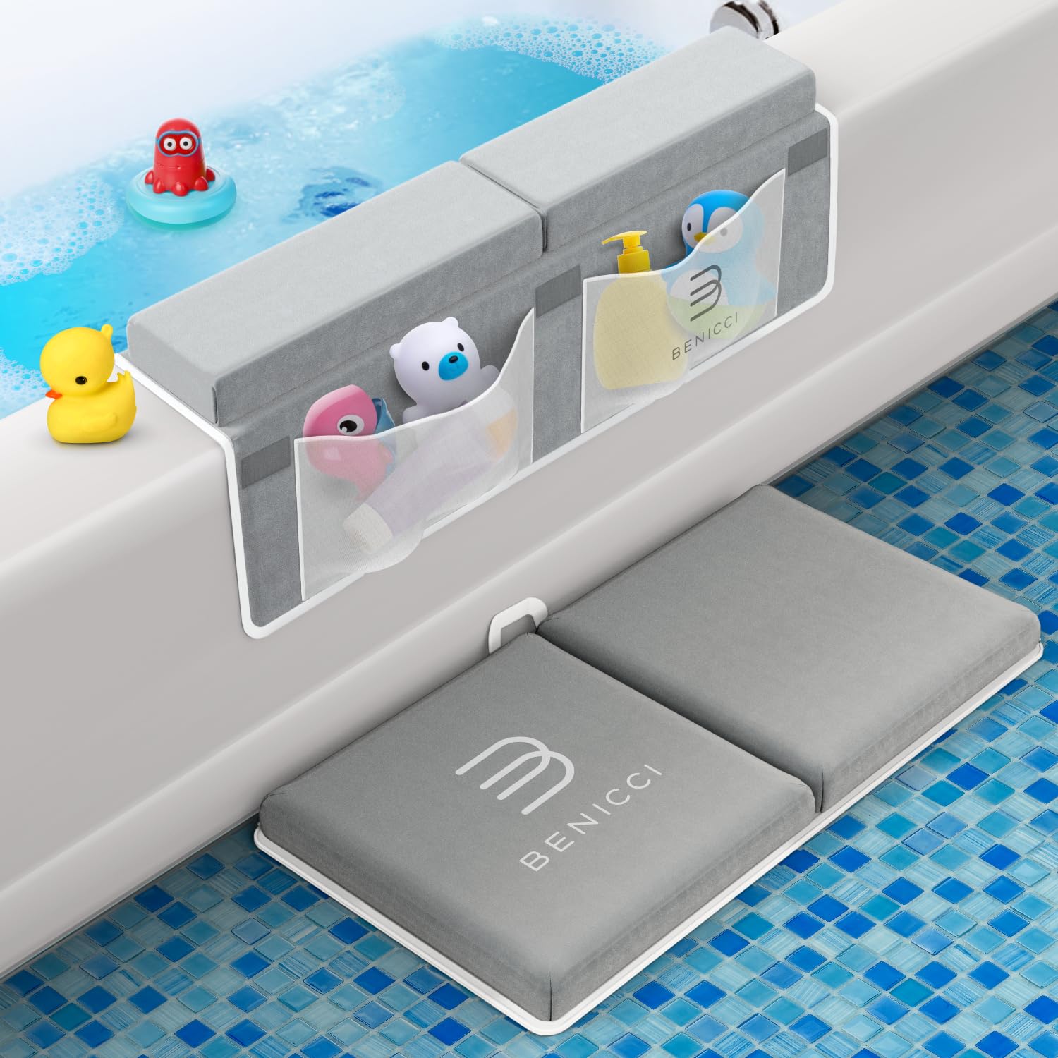Benicci bath kneeler memory-foam pad provides cushioned support during baby baths.