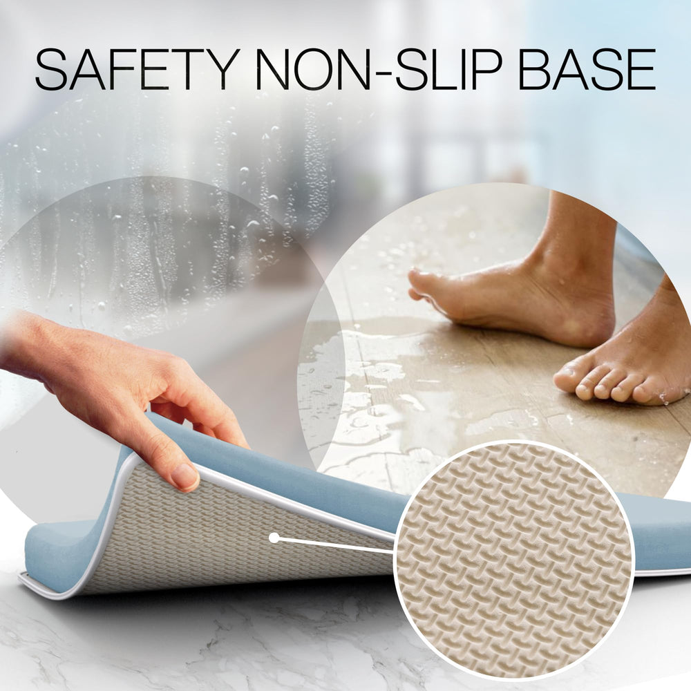 Benicci quick-drying materials resist moisture buildup on bath mat.