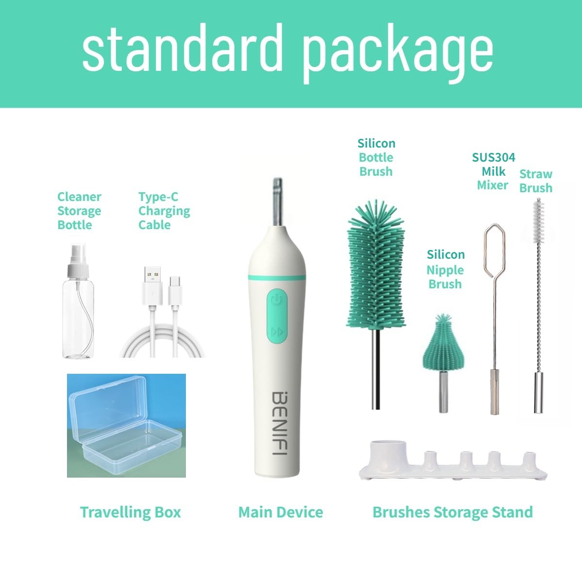 Benifi baby bottle brush set with long handle for thorough cleaning.