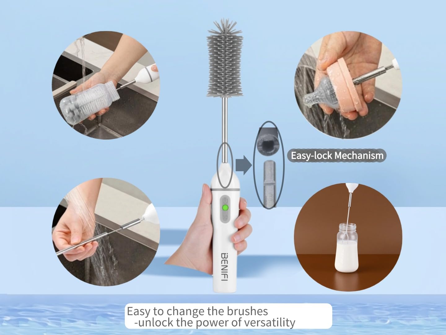 Benifi Electric Bottle Cleaner Pro sponge brush close-up for delicate bottles.