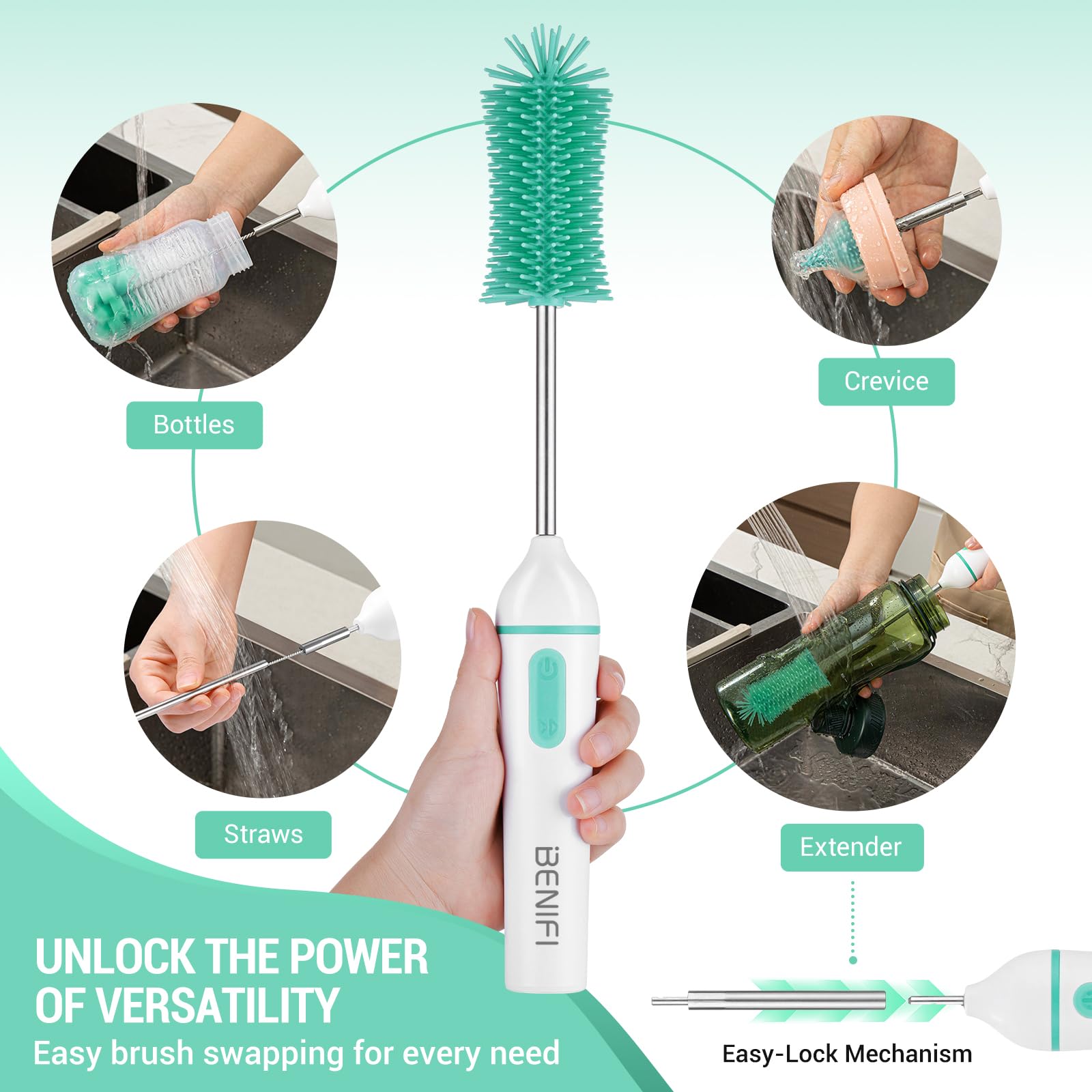 Benifi long-handle bottle brush improving reach in tall bottles.