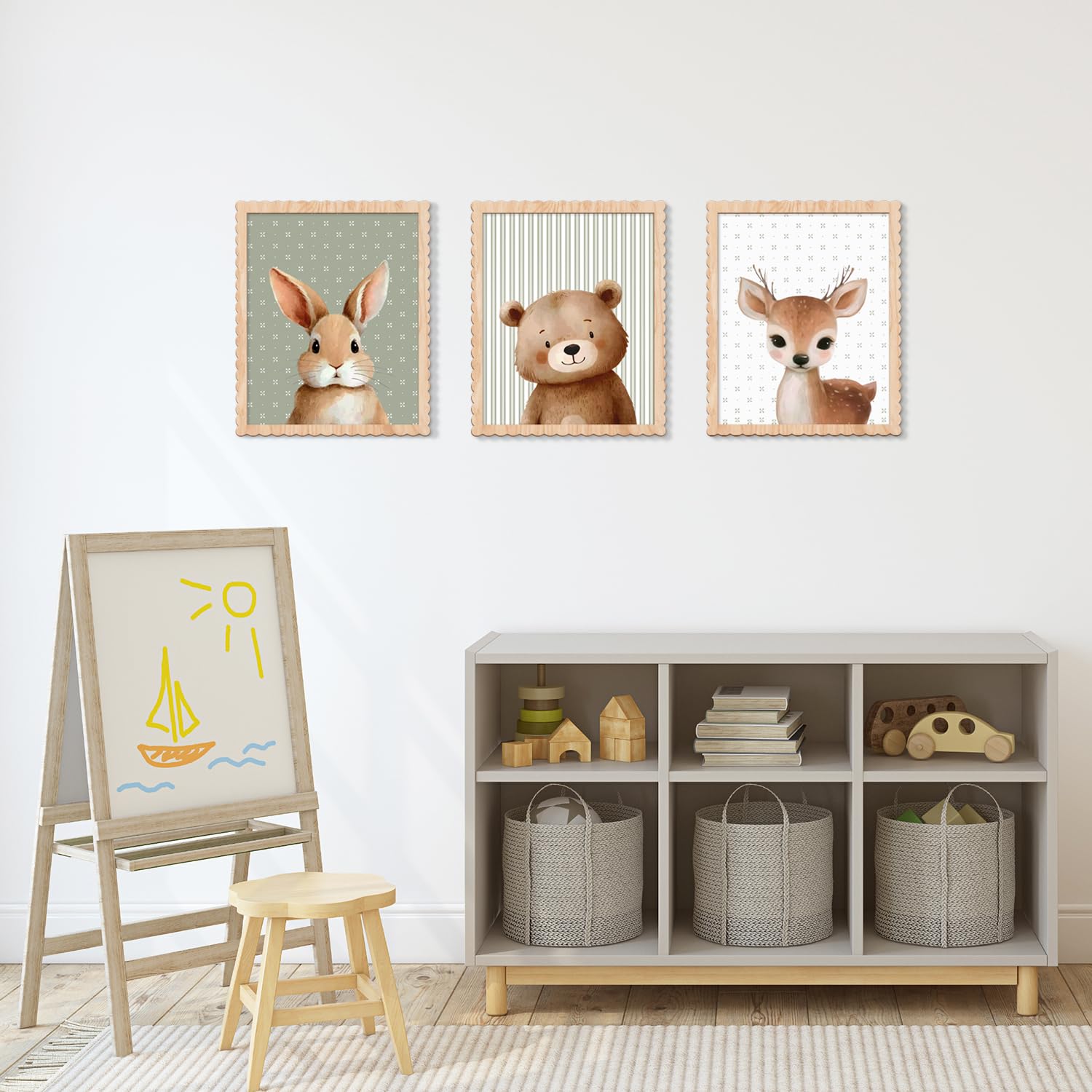 Benlarky wood framed trio wall art enhances playroom with cohesive woodland theme