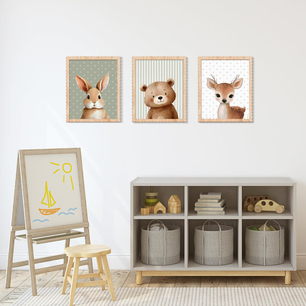 Benlarky wood framed trio wall art enhances playroom with cohesive woodland theme