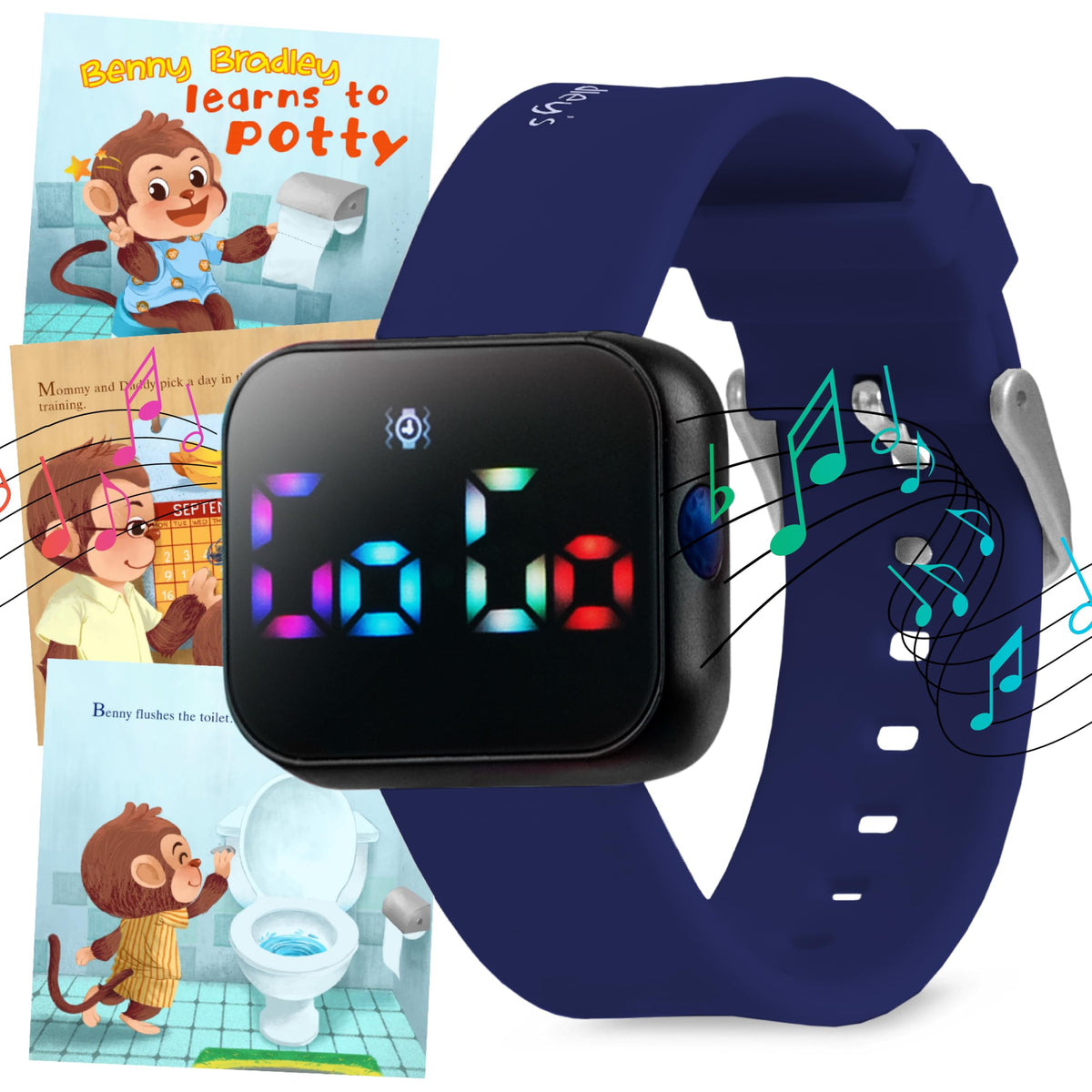 Benny Bradley's Potty Training Watch on a toddler's wrist with reliable reminder cues.