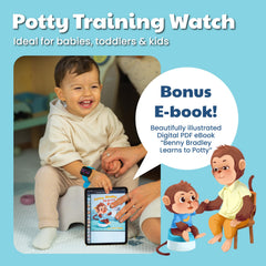 Benny Bradley's Potty Watch V2 wrist close-up, secure strap for active play
