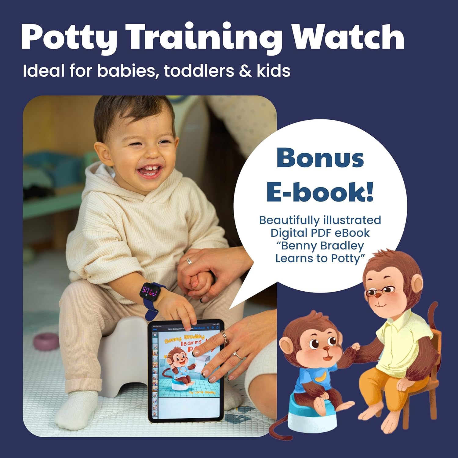 Benny Bradley's Potty Training Watch showing melody reminders to cue potty breaks.