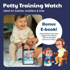 Benny Bradley's Potty Training Watch showing melody reminders to cue potty breaks.