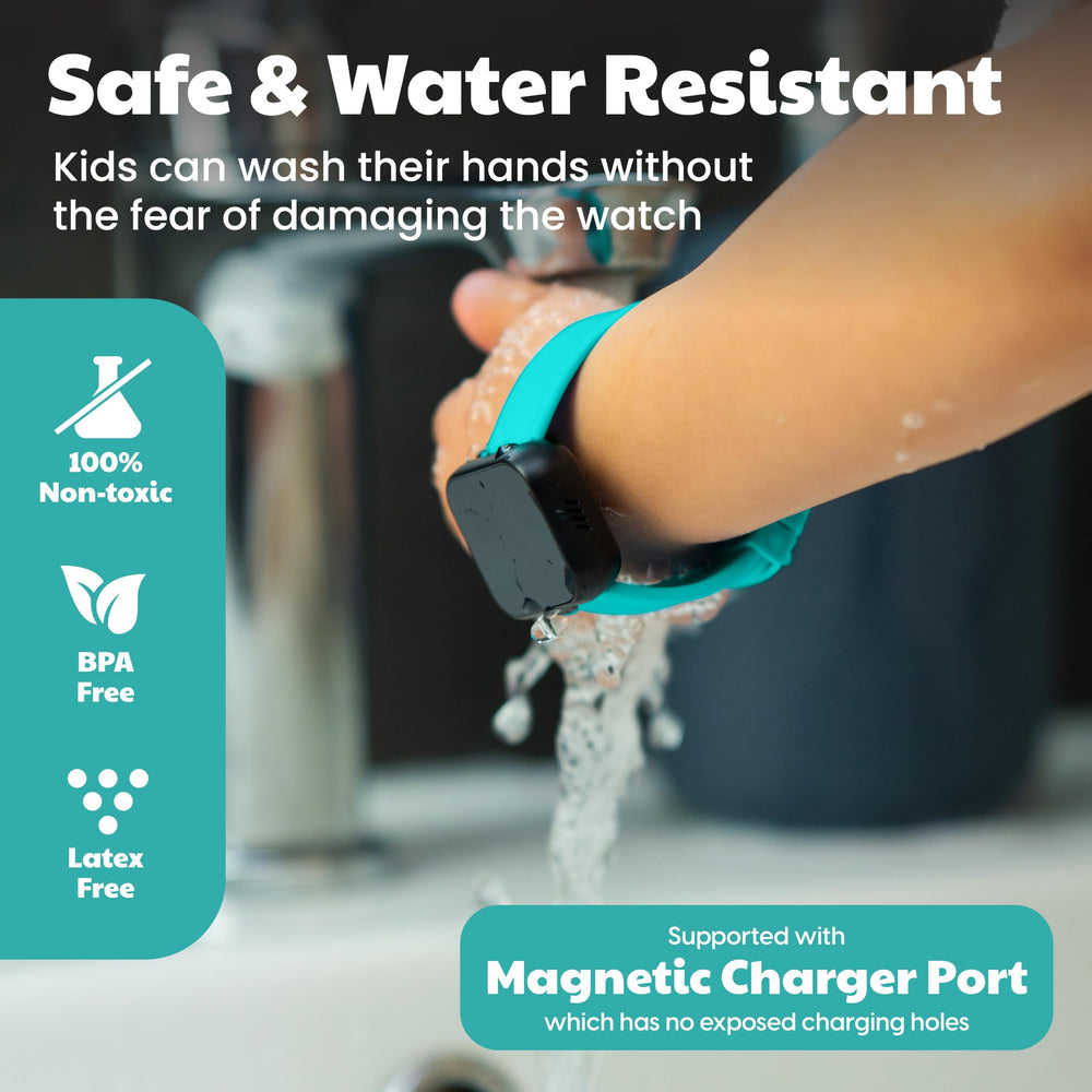 Waterproof watch while a child washes hands, staying securely on the wrist
