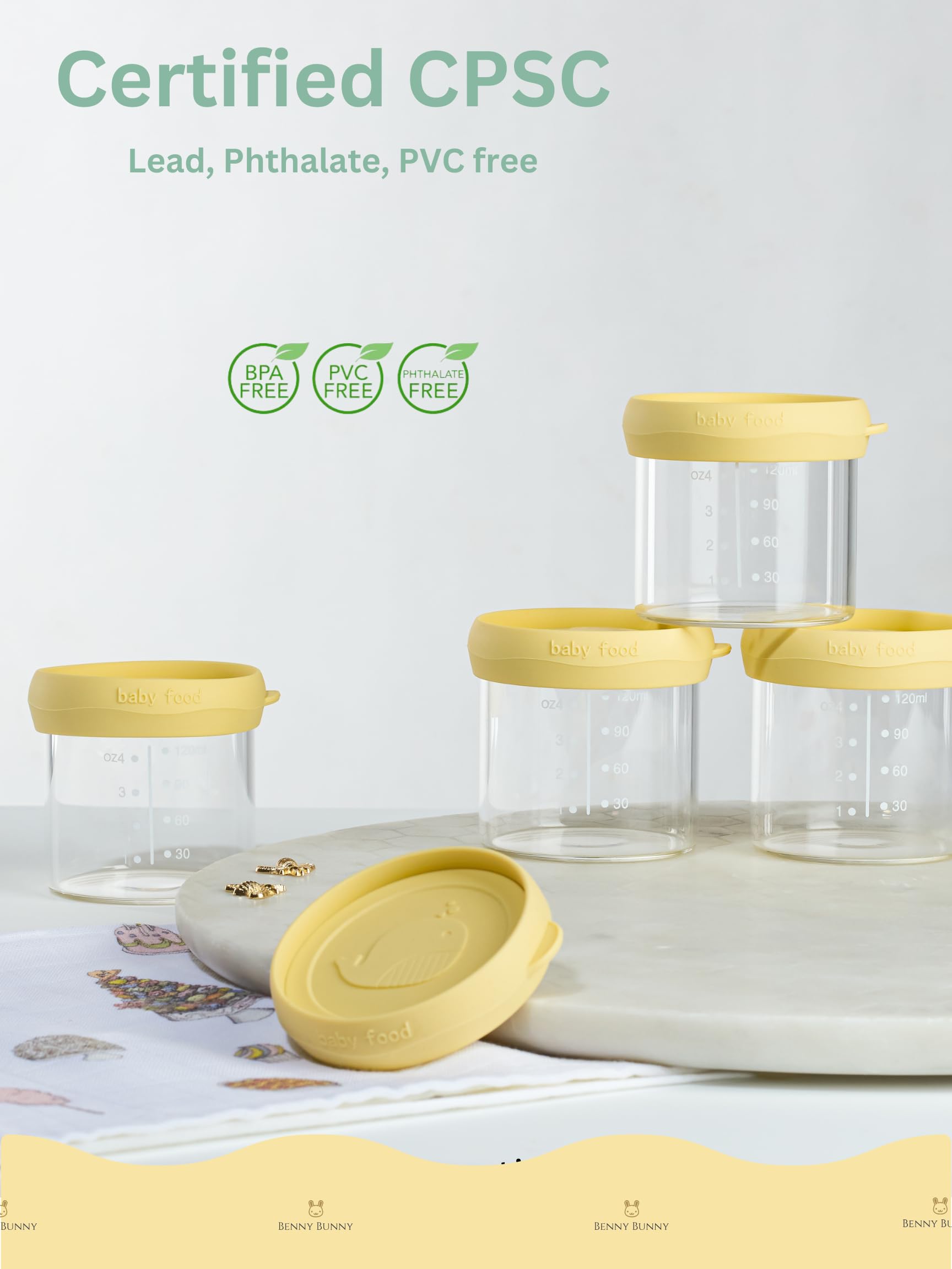 Benny Bunny 4oz jars with airtight silicone lids for leak-proof storage.