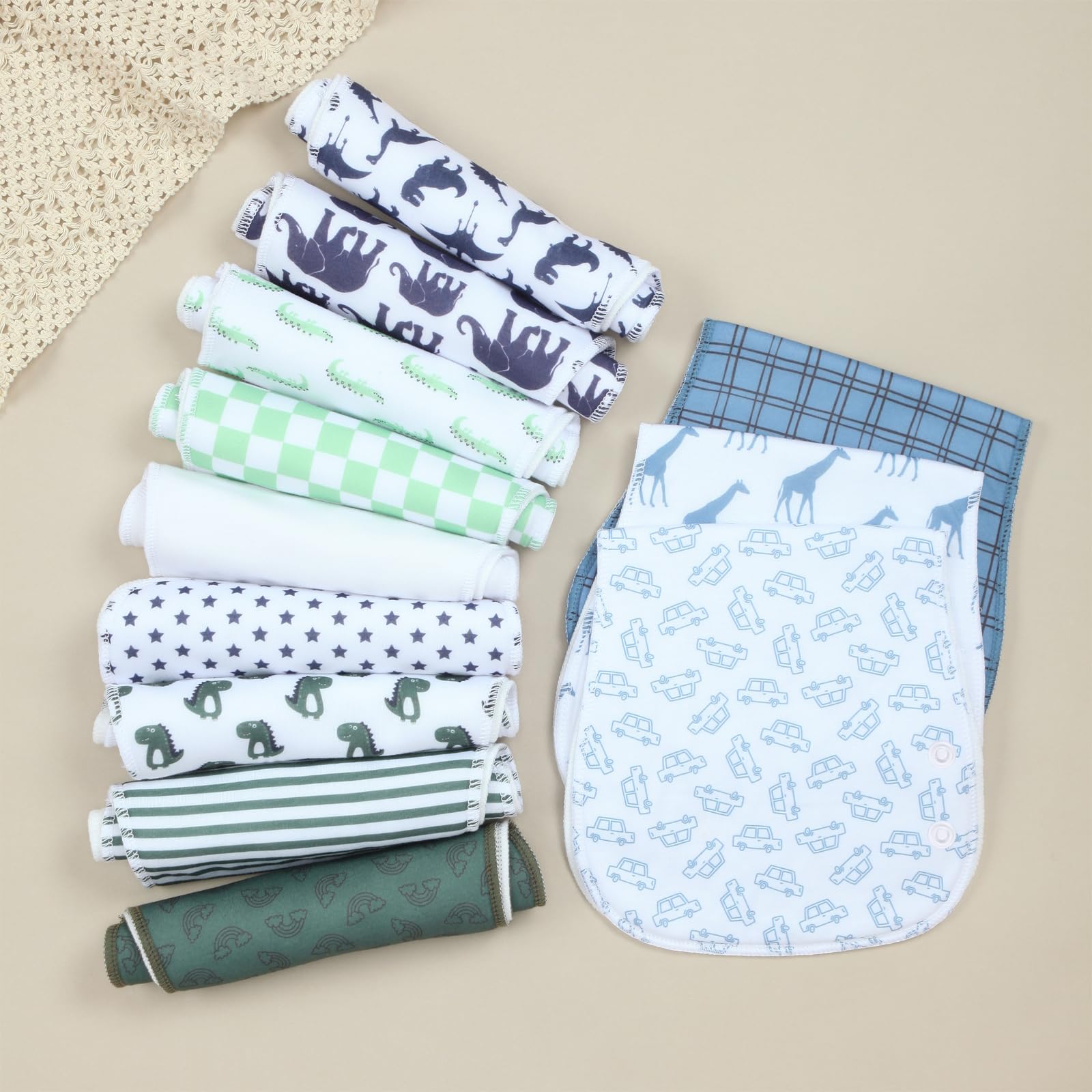 Benoxine baby burp cloths curved shape for comfortable drape.