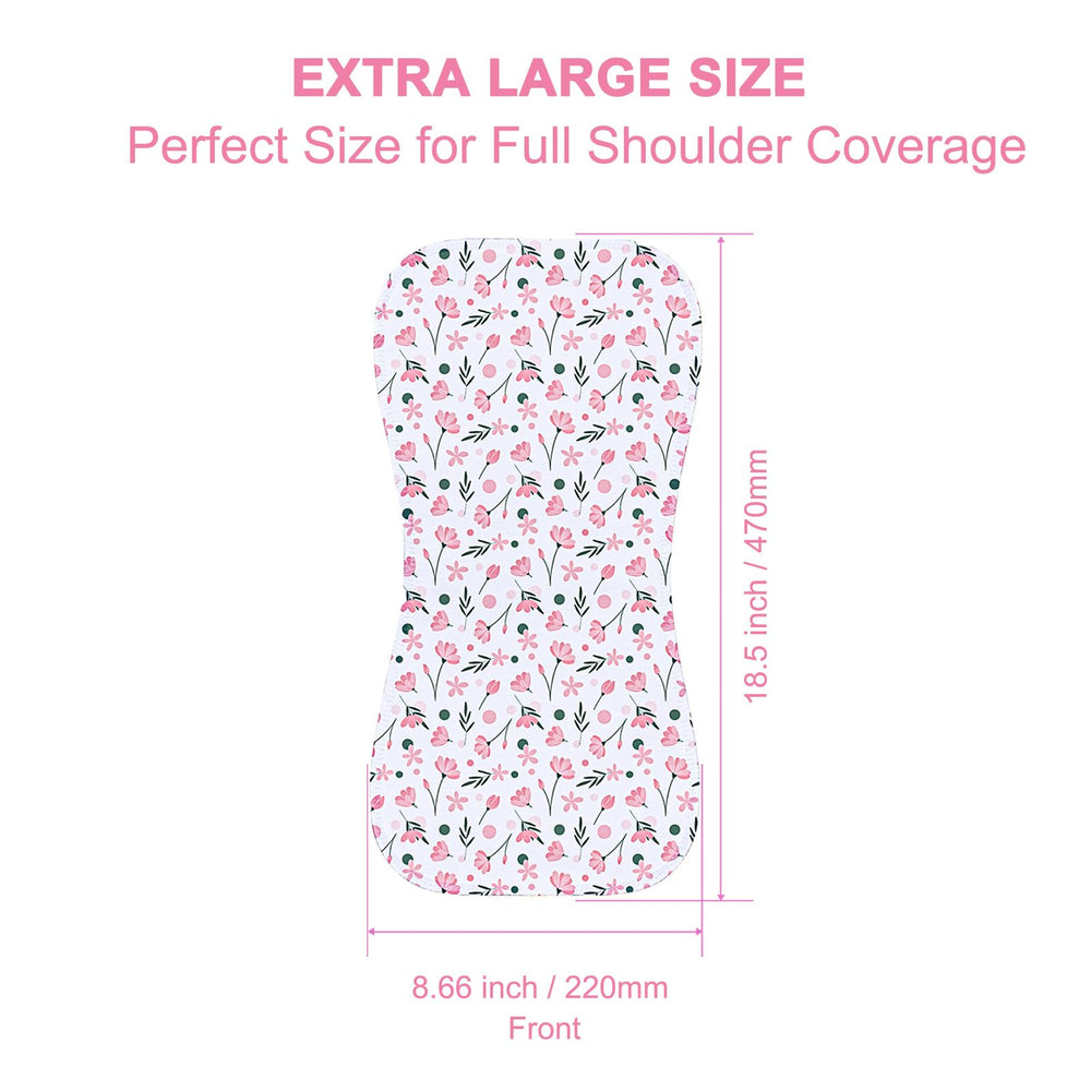 Benoxine burp cloth uses figure-8 design for secure shoulder coverage.