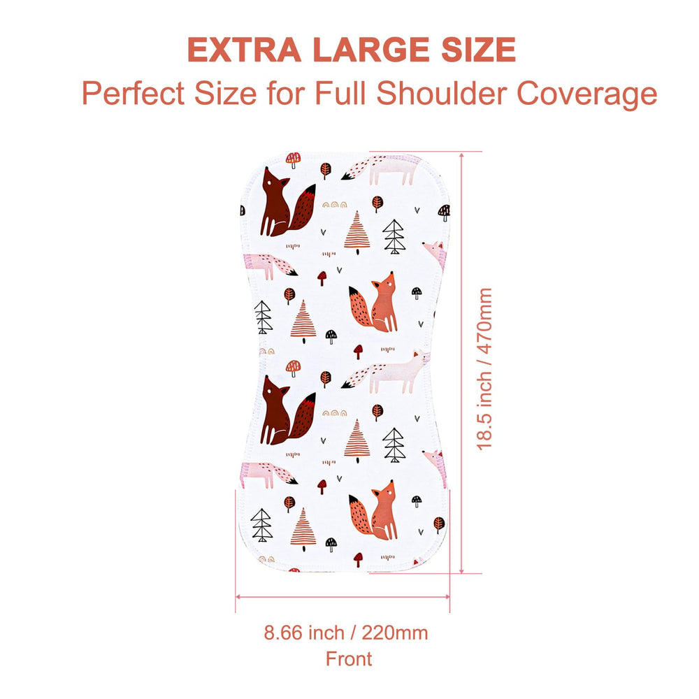 Benoxine burp cloth with figure-8 shoulder coverage design.