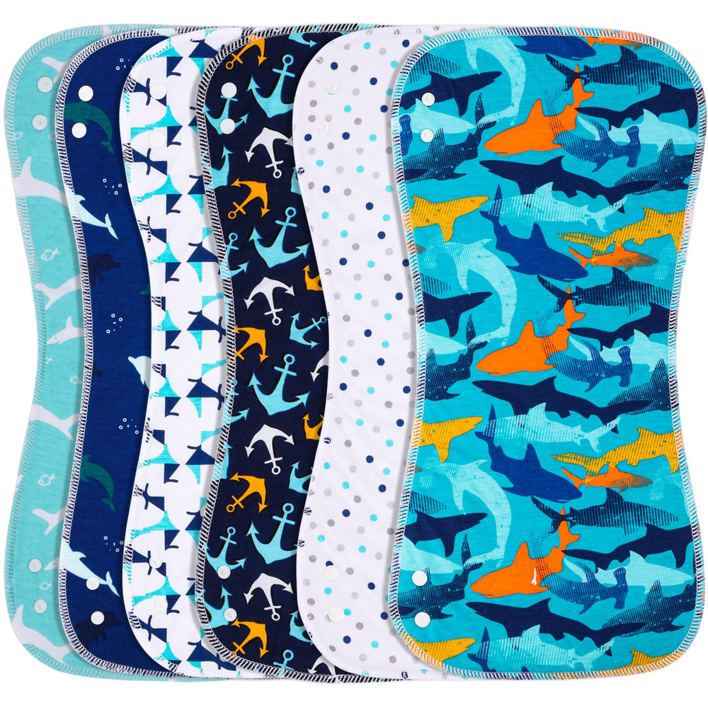 Benoxine burp cloths and bibs in a 6-pack for easy mess management.