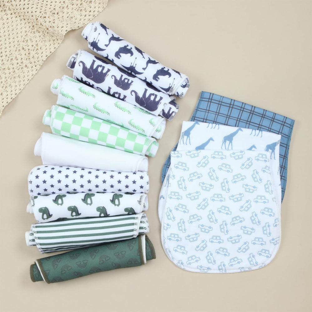 Benoxine burp cloths with neutral patterns that pair with any outfit