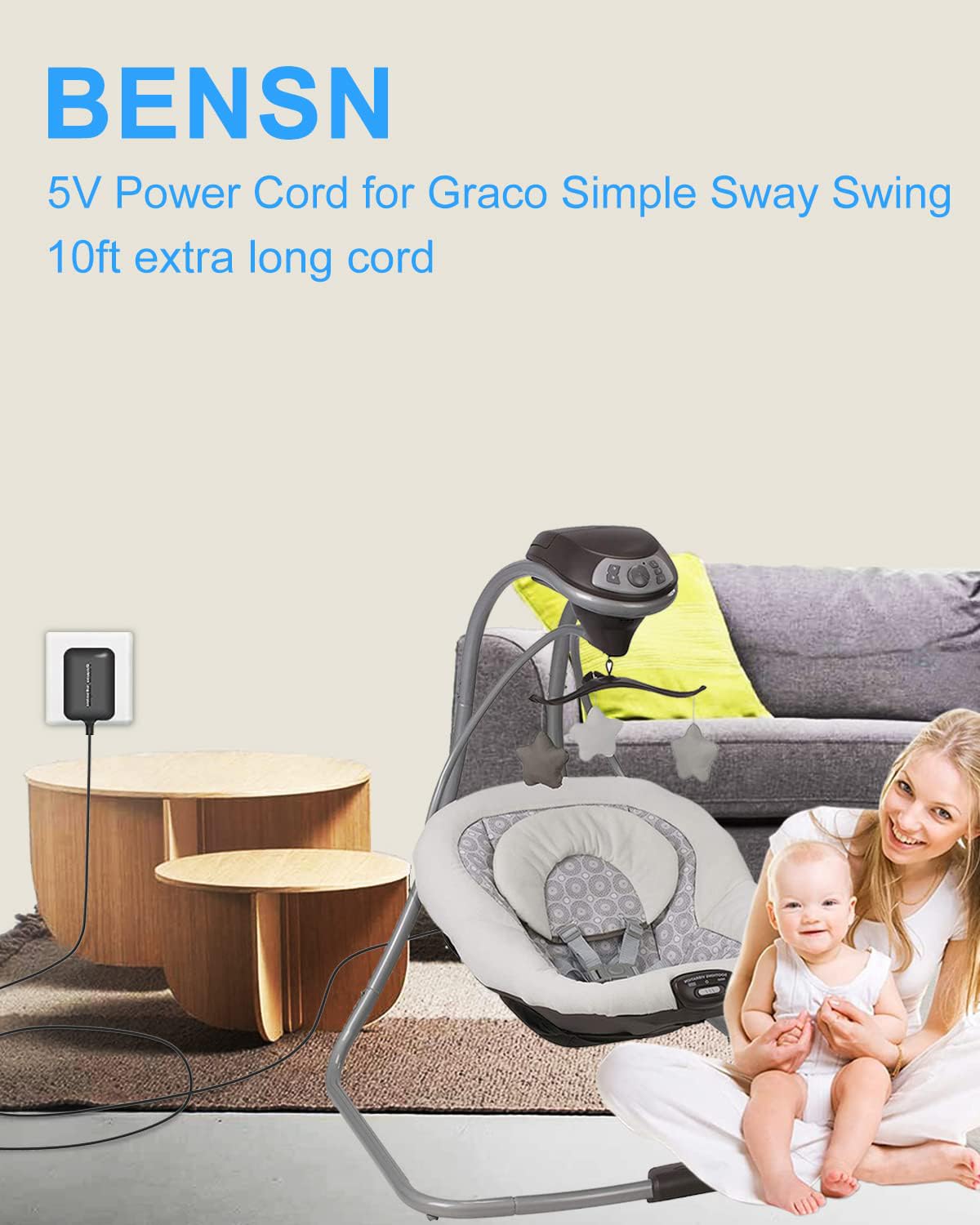 BENSN 10ft cable shows flexible placement away from walls for Graco swings