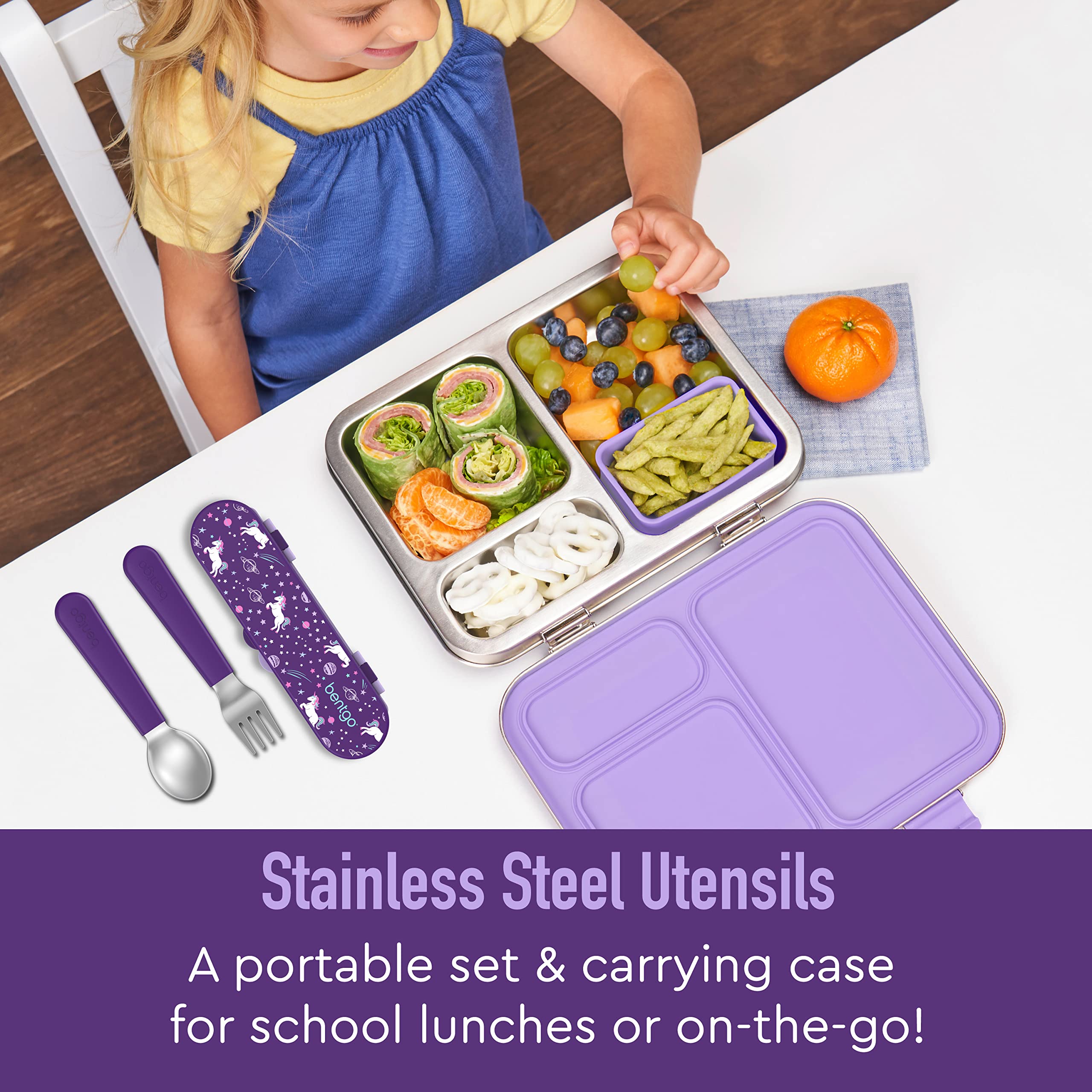 Bentgo Kids fork and spoon close-up showing easy-grip handles for small hands