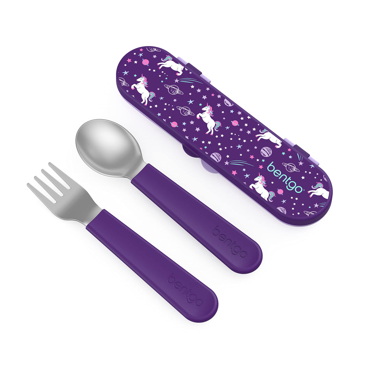 Bentgo Kids unicorn case open with stainless steel utensils for on-the-go meals