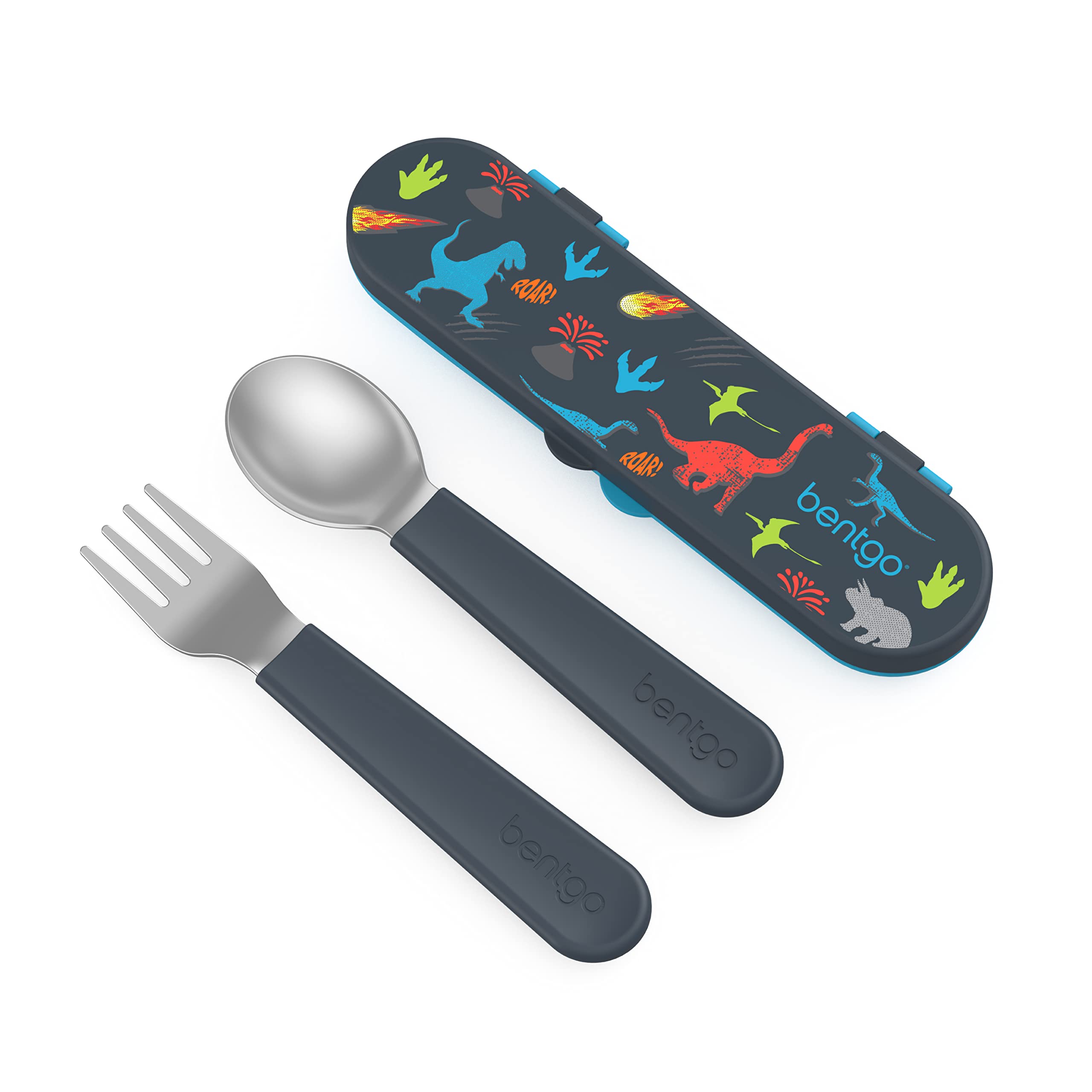 Bentgo Kids utensils in a dinosaur case show durable stainless steel for school lunches.