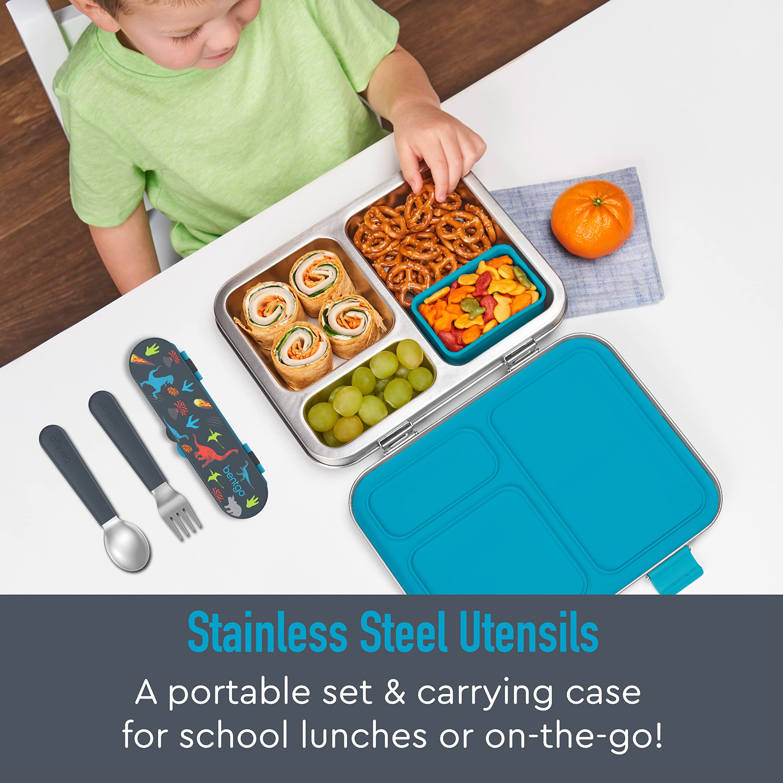 Bentgo Kids spoon-handle features easy-grip design for tiny hands during meals.
