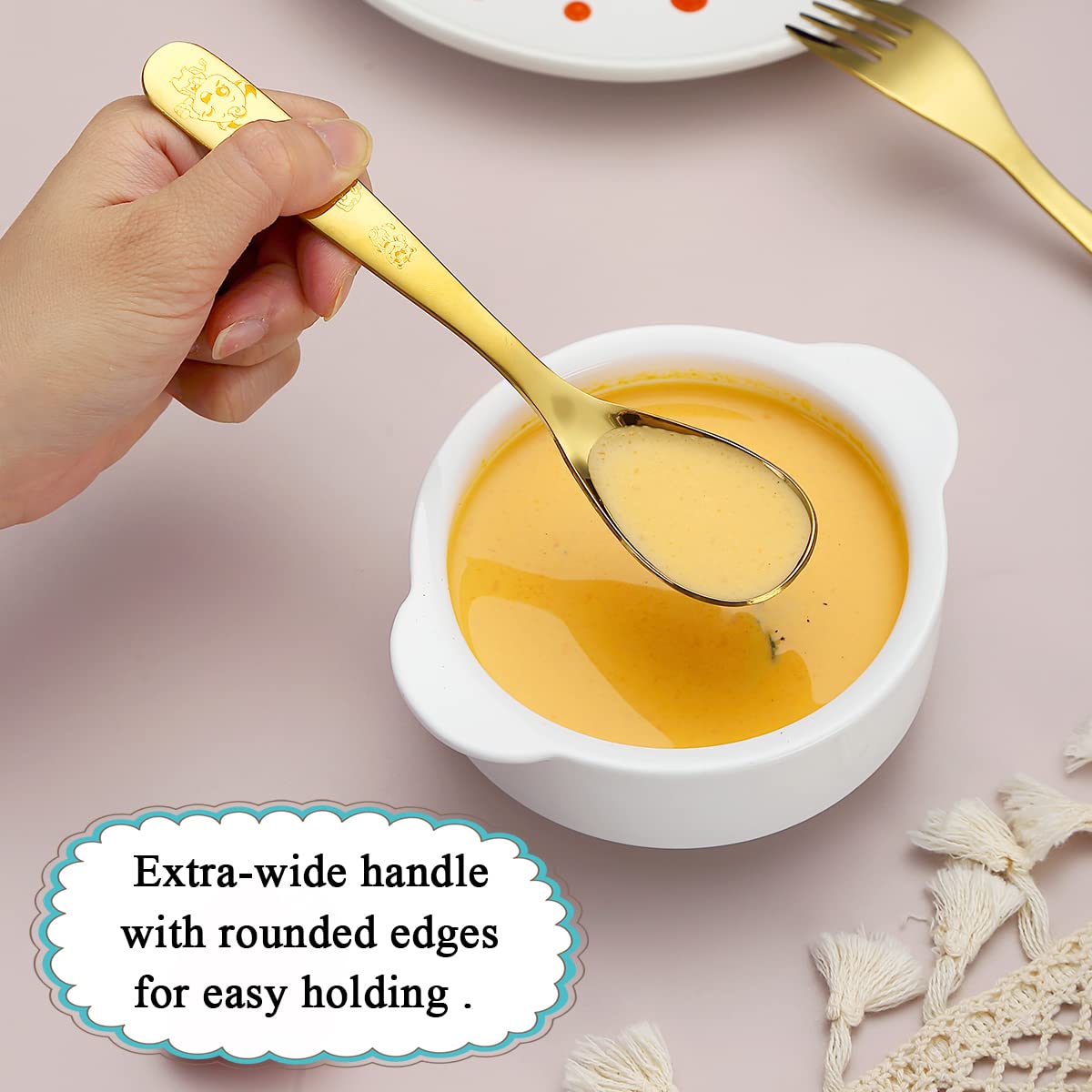 Berglander Gold Toddler Utensils dishwasher-safe label, easy cleaning after meals.