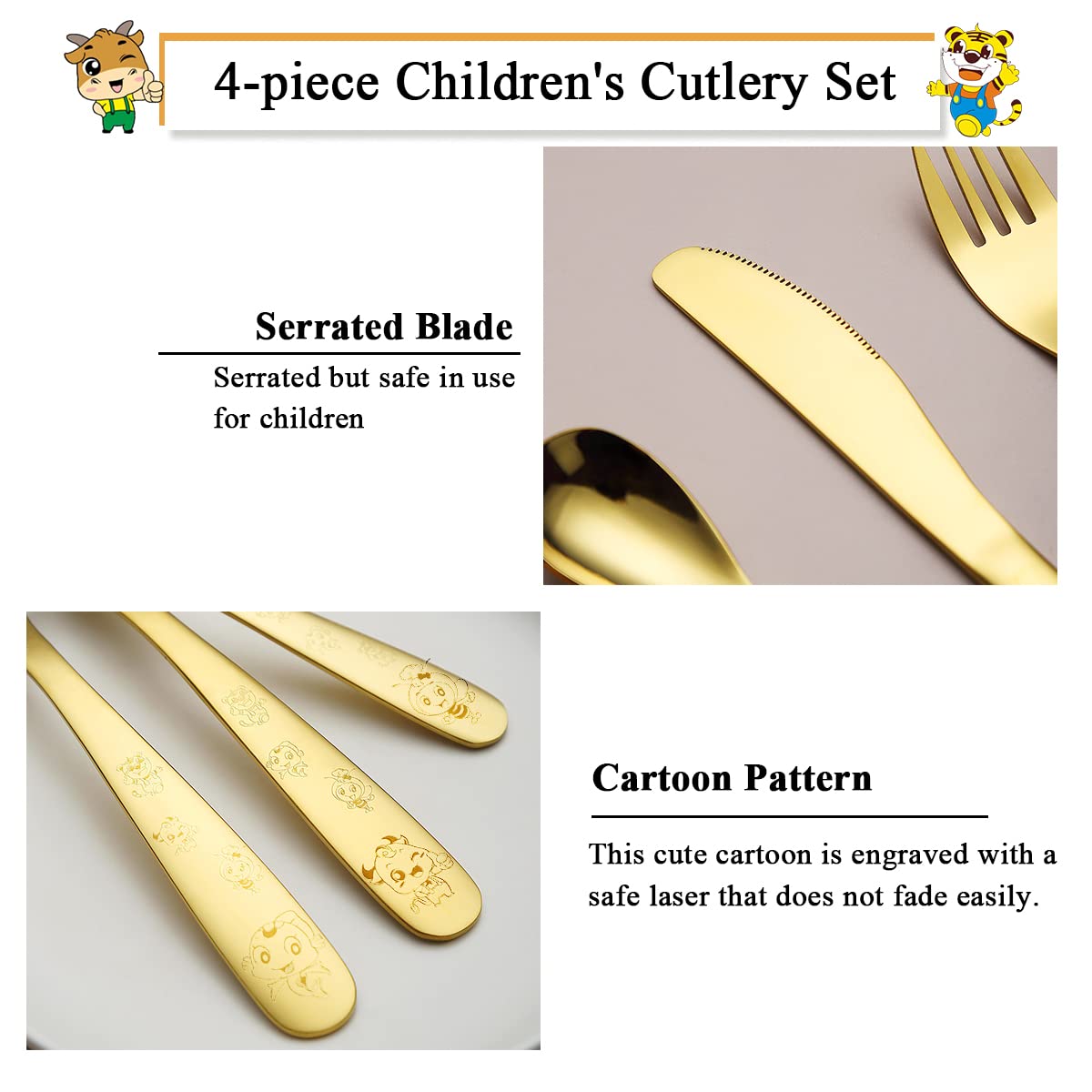 Berglander Gold Toddler Utensils knife close-up, safe edge design for kids.