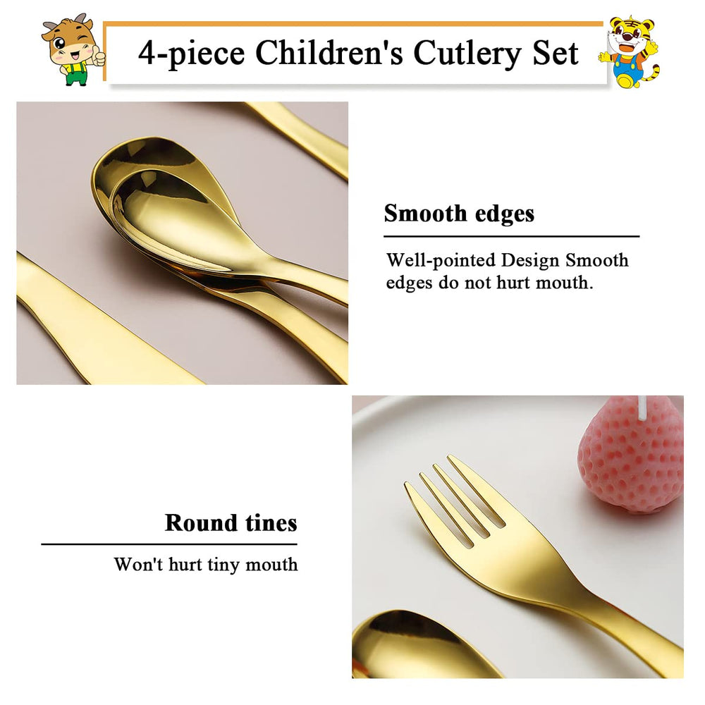Berglander Gold Toddler Utensils teaspoon close-up, mirror finish and comfy grip.